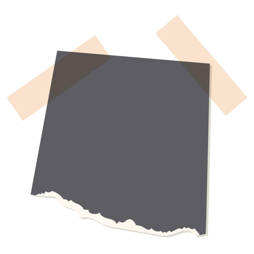 Isolated Scrap of black paper or cardboard with tape. Vector design element for scrapbooking or collage.