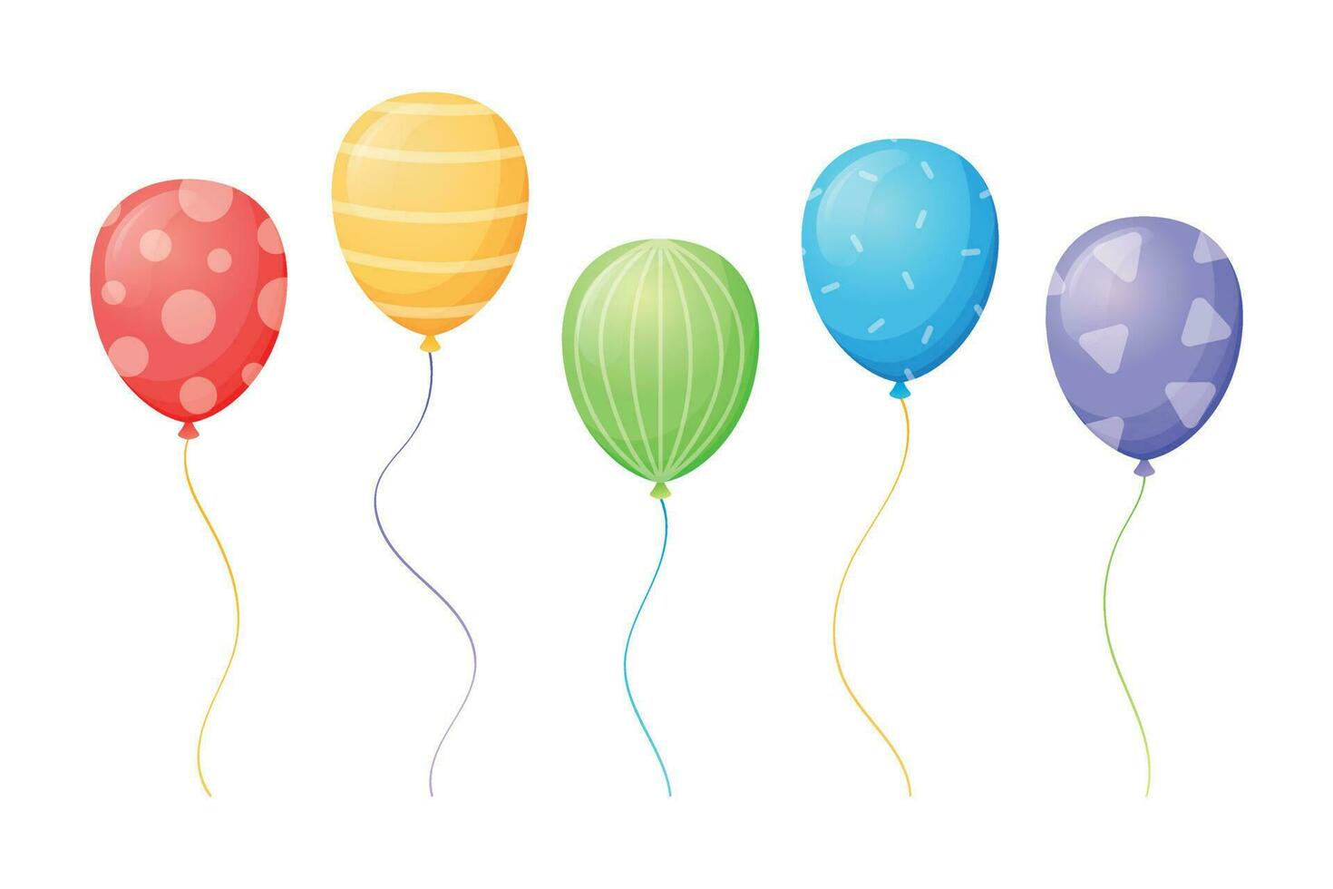 Set of colorful decorated flying helium balloons. Vector isolated cartoon illustration.