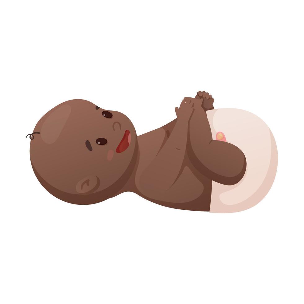 Vector illustration of a laughing African American newborn baby in a diaper lying on his back.