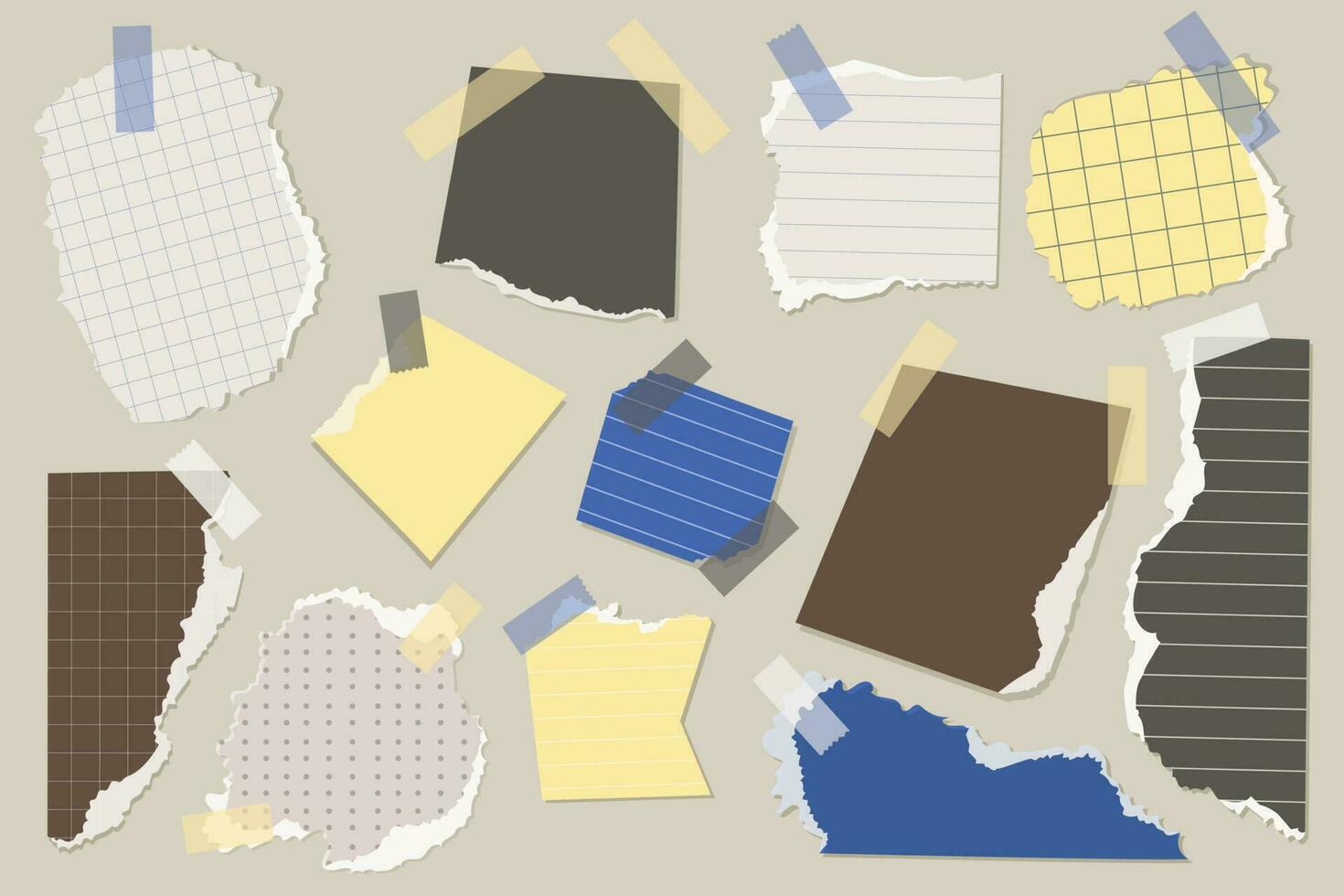 Scraps of paper for notes with tape. Set of vector isolated design elements for collage or scrapbooking.