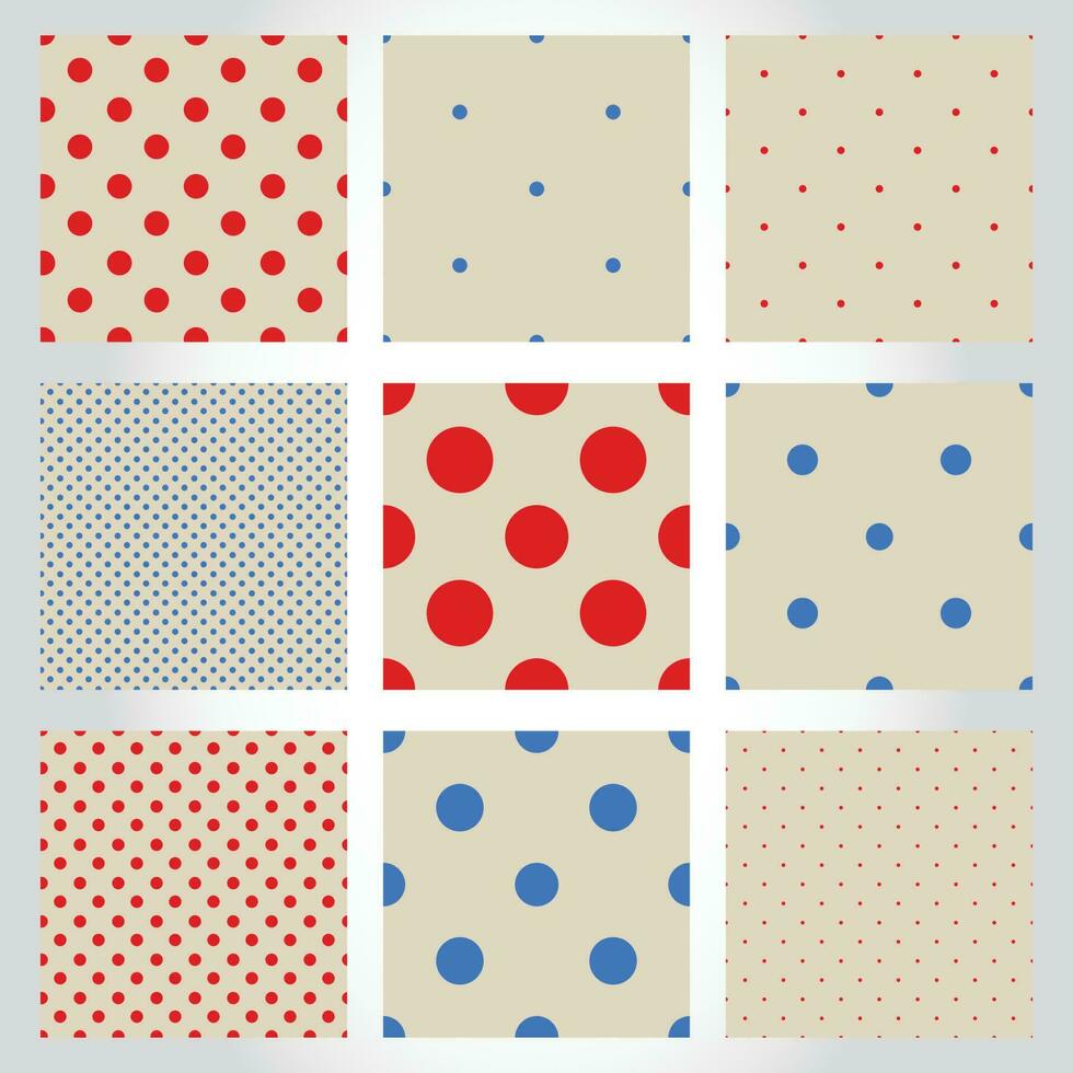 Set of cute polka dot seamless patterns. Collection of geometric backgrounds with dots, circles. Round shapes. vector