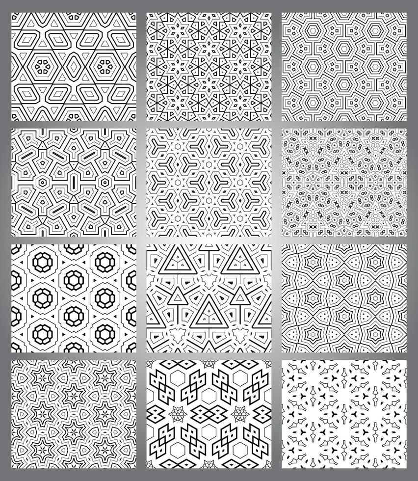Set of abstract fantasy thin line hexagon, triangle geometric seamless patterns. Creative mosaic, tile background collection. vector