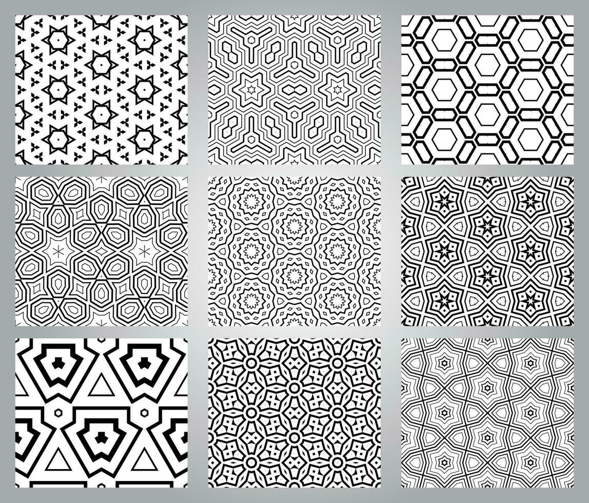 Set of abstract fantasy thin line hexagon, triangle geometric seamless patterns. Creative mosaic, tile background collection. vector