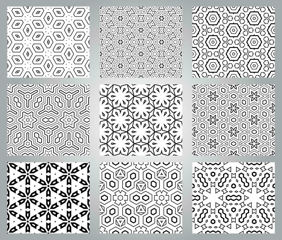 Set of abstract fantasy thin line hexagon, triangle geometric seamless patterns. Creative mosaic, tile background collection. vector