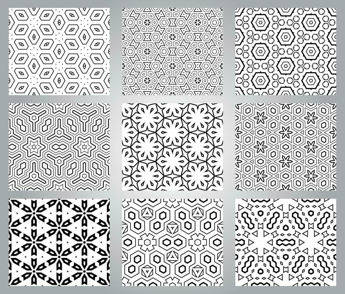 Set of abstract fantasy thin line hexagon, triangle geometric seamless patterns. Creative mosaic, tile background collection. vector