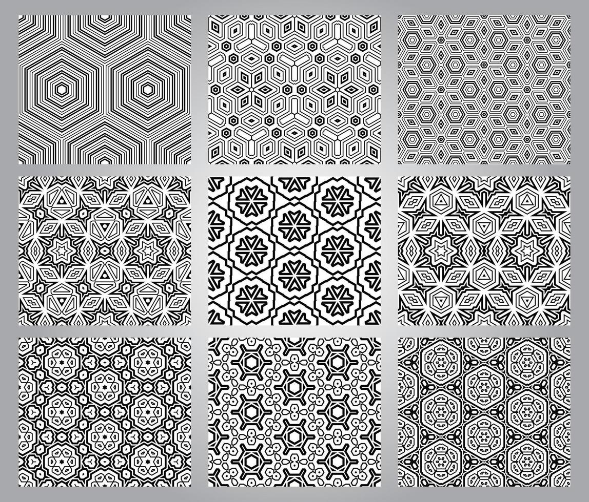 Set of abstract fantasy thin line hexagon, triangle geometric seamless patterns. Creative mosaic, tile background collection. vector