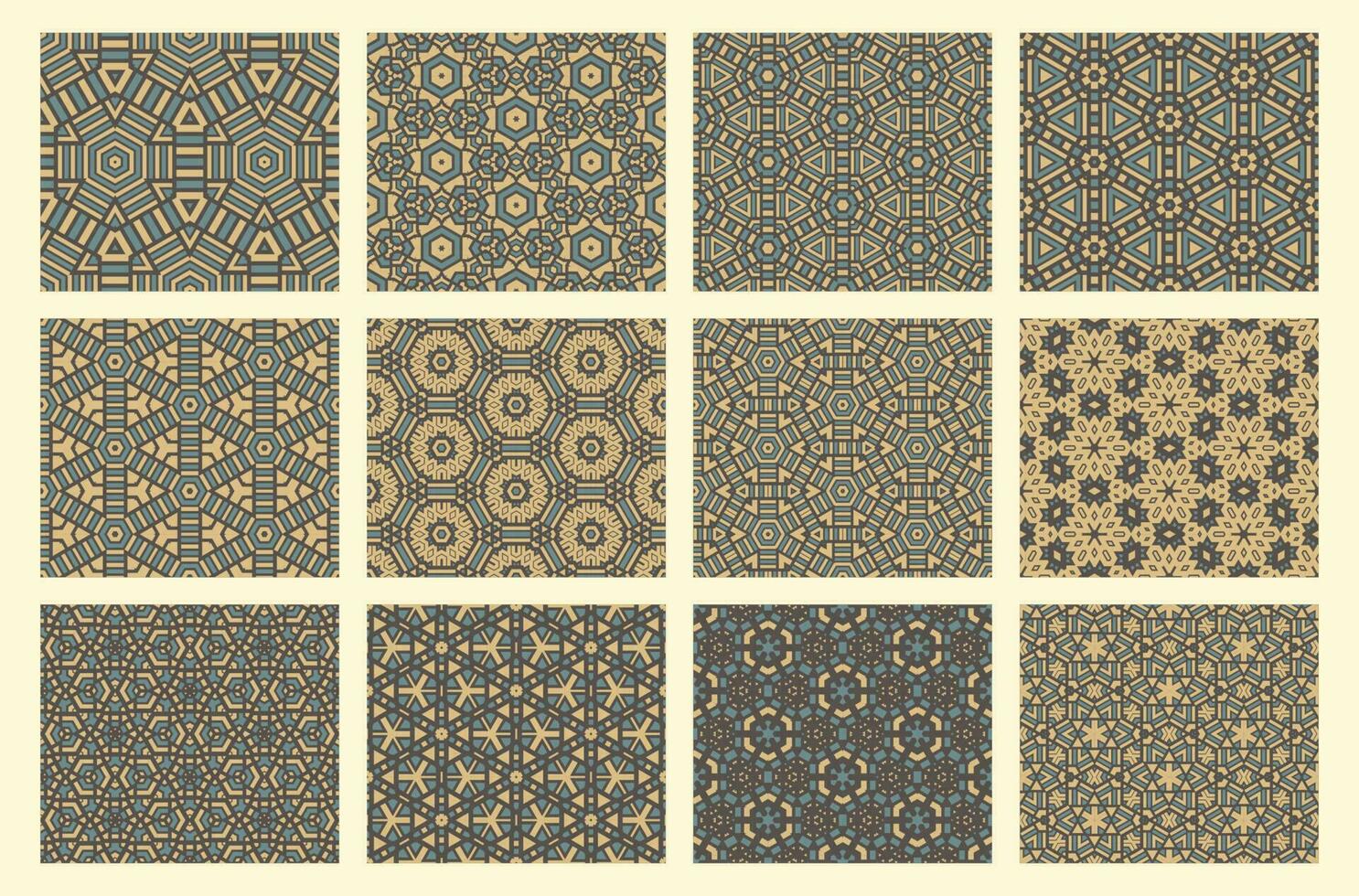 Set of abstract fantasy thin line hexagon, triangle geometric seamless patterns. Creative mosaic, tile background collection. vector