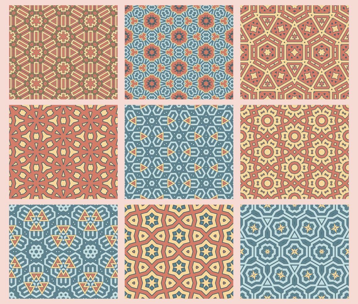 Abstract fantasy thin line hexagon, triangle geometric seamless pattern set. Creative mosaic, tile backgrounds. vector