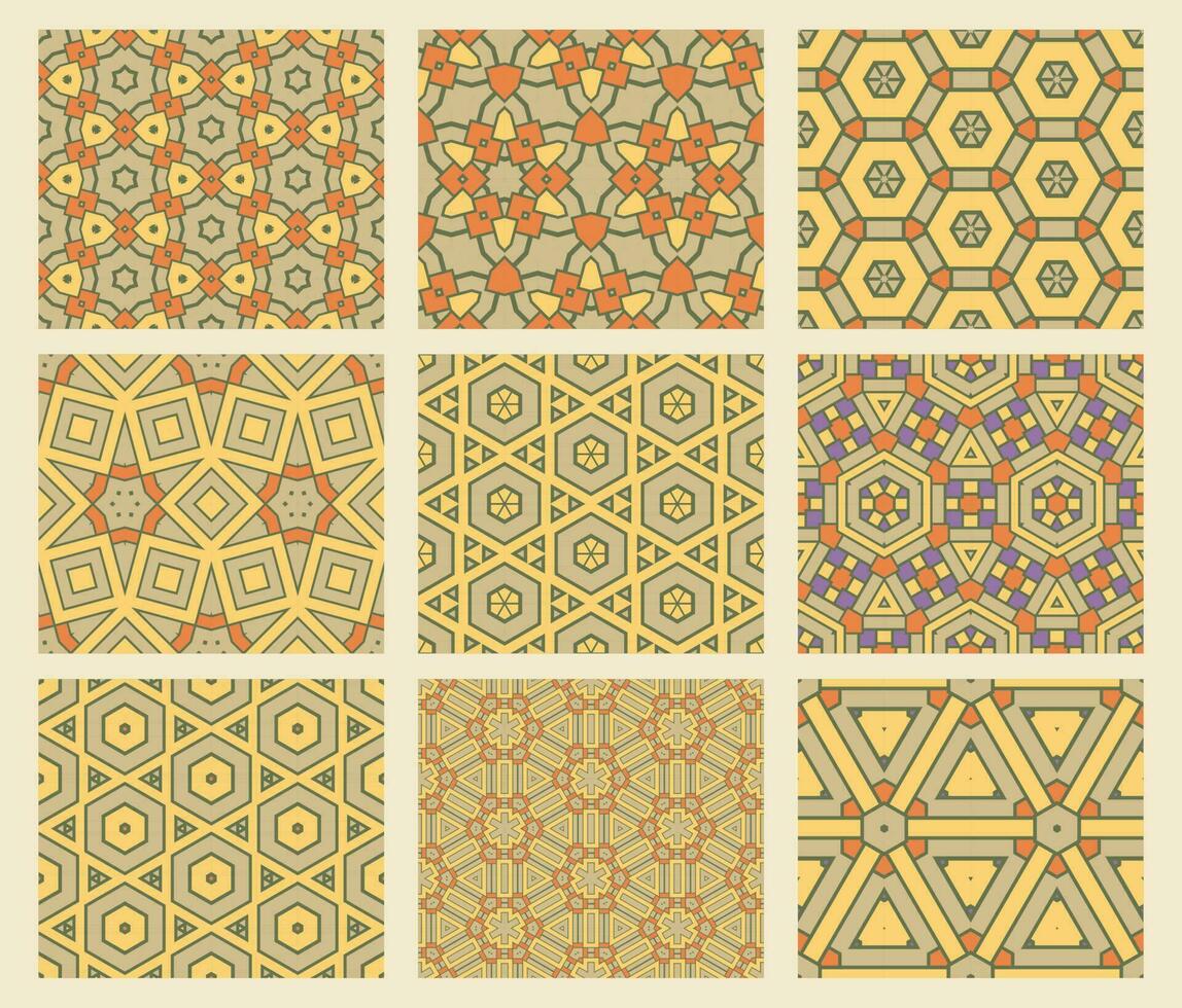 conjunto de resumen fantasía Delgado línea hexágono, triángulo geométrico sin costura patrones. creativo mosaico, loseta antecedentes recopilación. vector