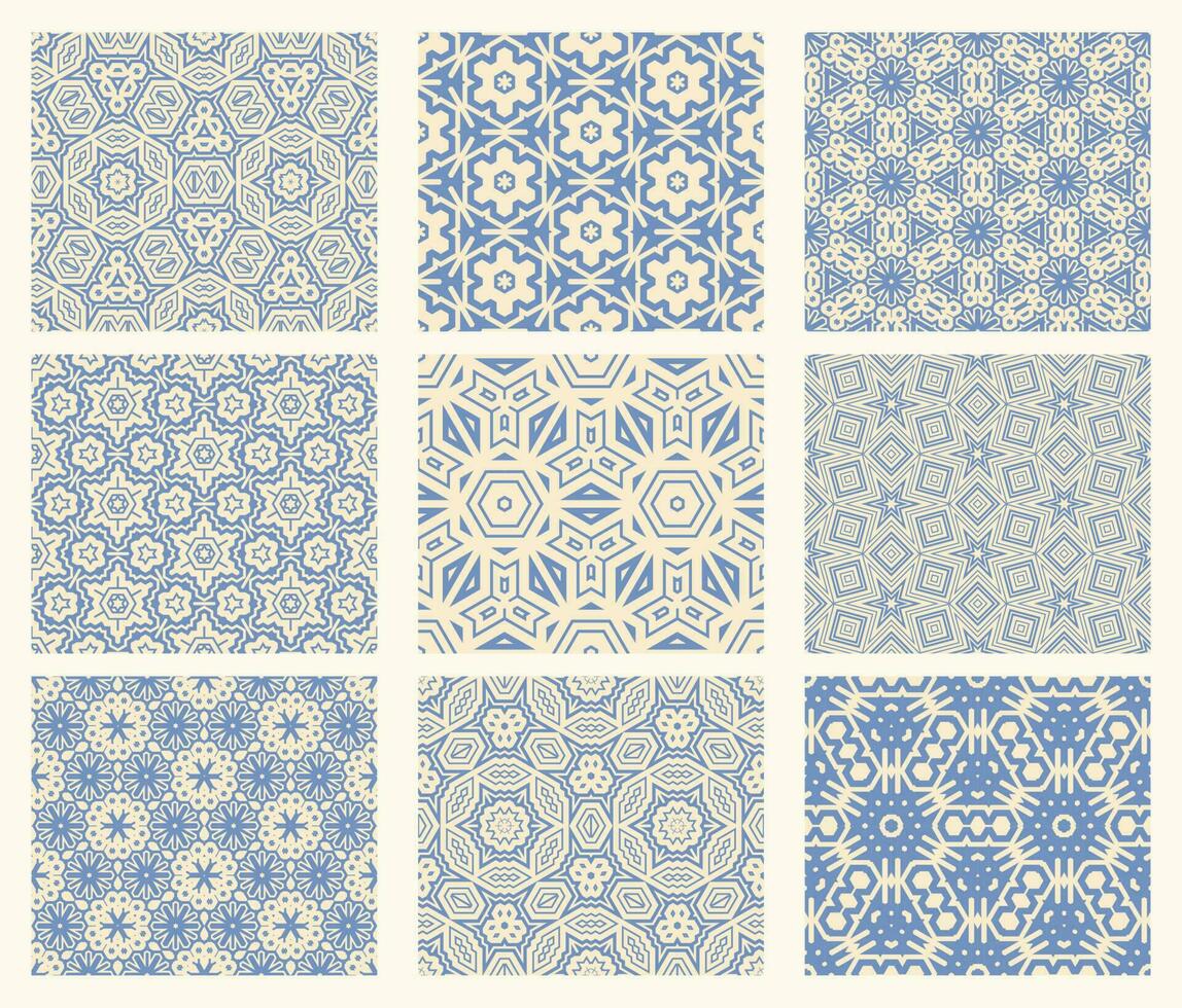 Set of abstract fantasy thin line hexagon, triangle geometric seamless patterns. Creative mosaic, tile background collection. vector