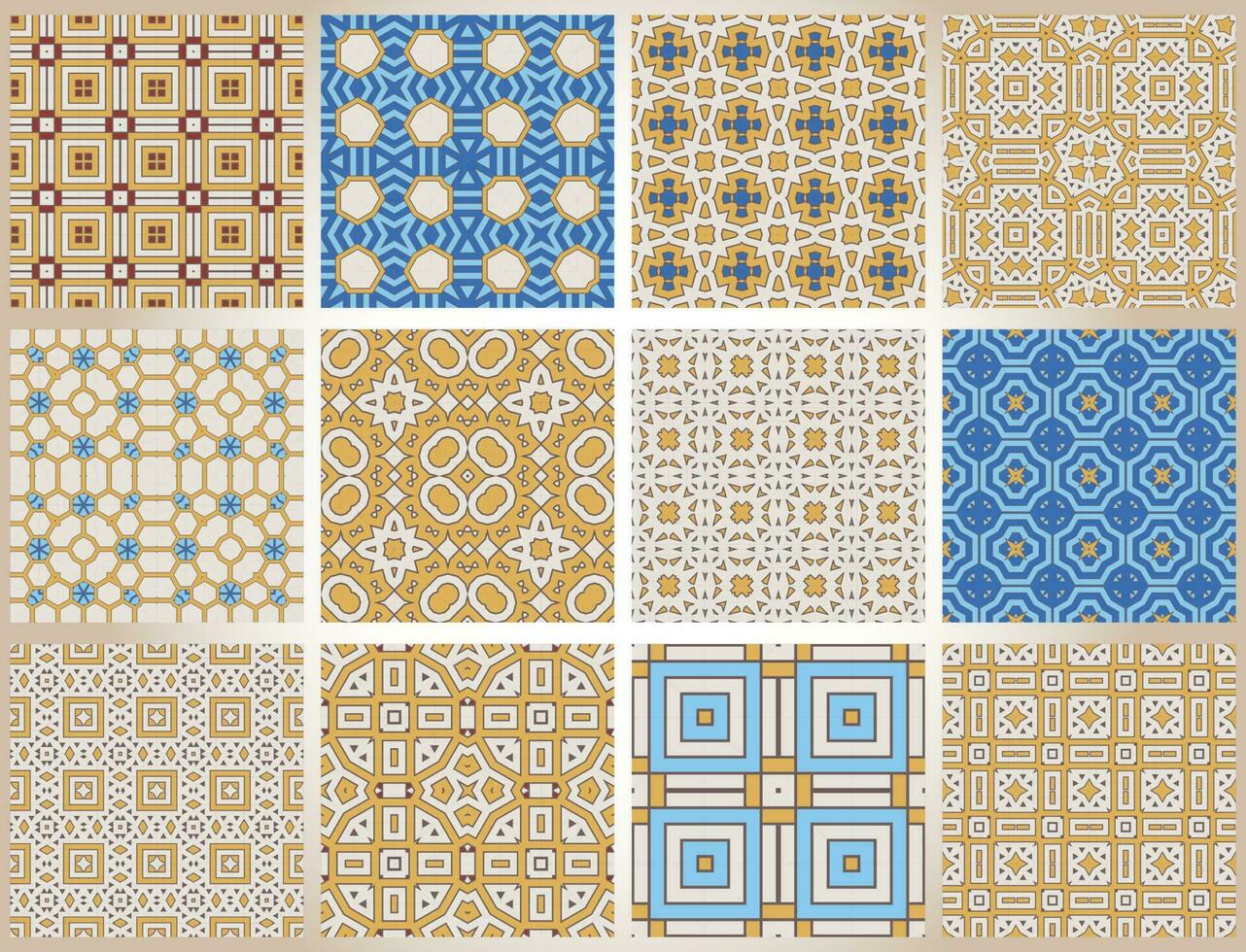 Abstract fantasy thin line hexagon, triangle geometric seamless pattern set. Creative mosaic, tile backgrounds. vector
