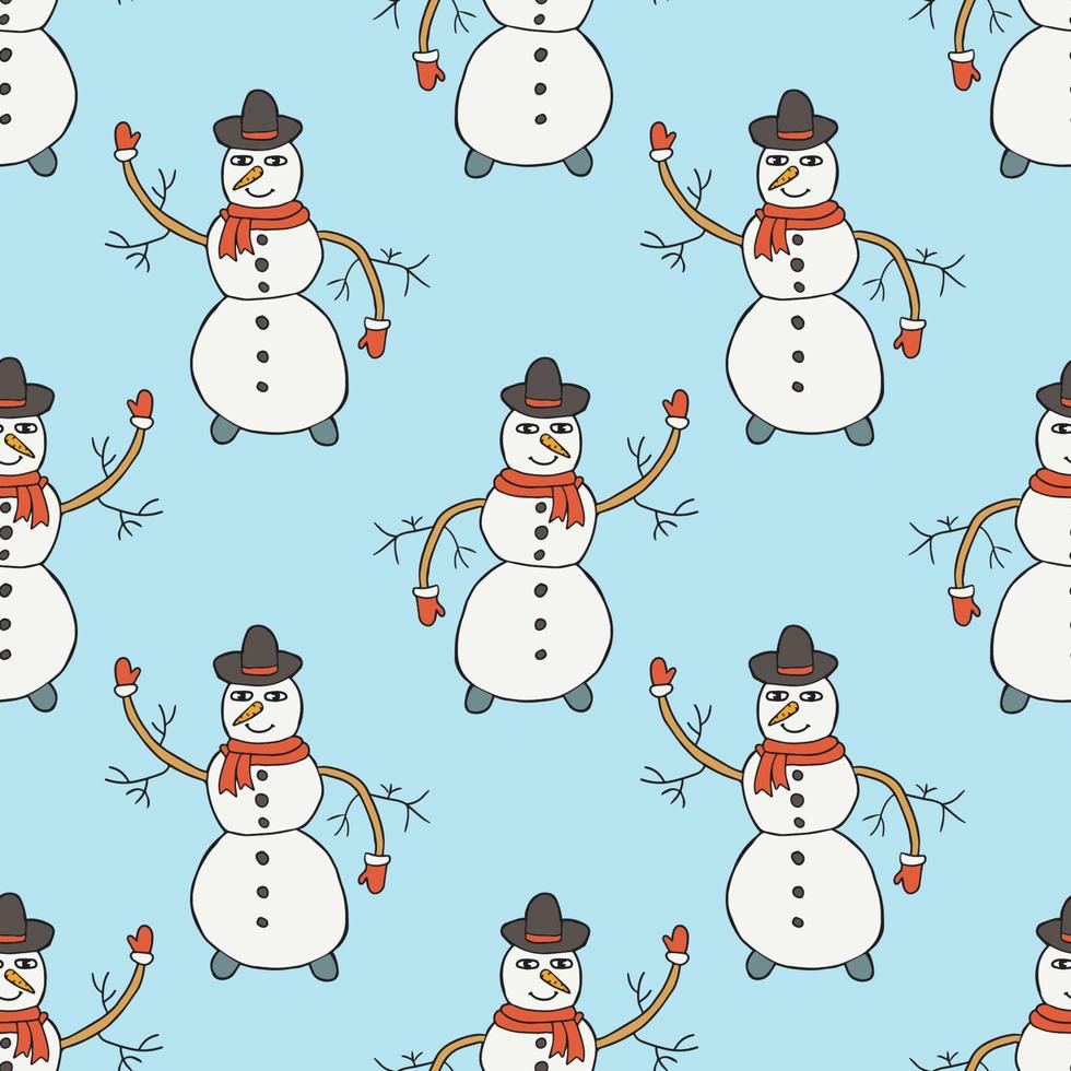 Thin line smiling doodle snowman with hat and carrot seamless pattern. Winter holidays background. vector
