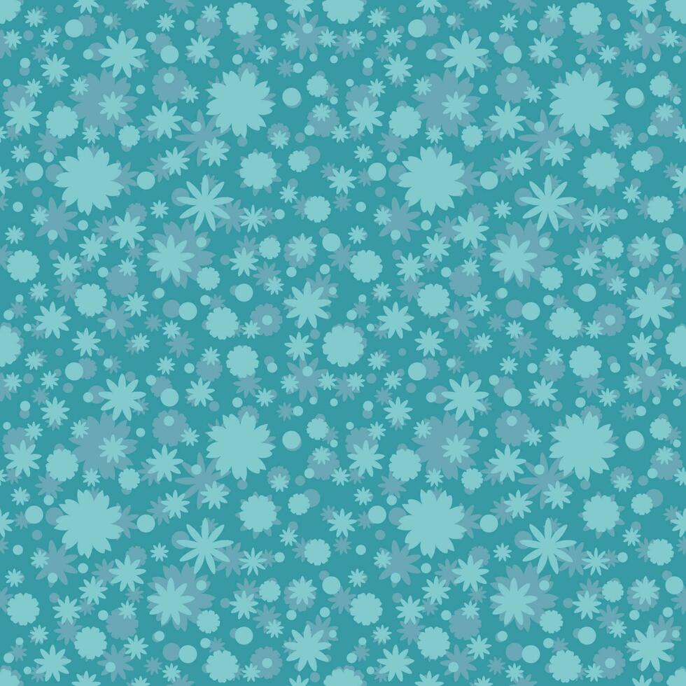 Seamless pattern with turquoise stars, dots, snowflake, flowers on blue background. Sky background. vector