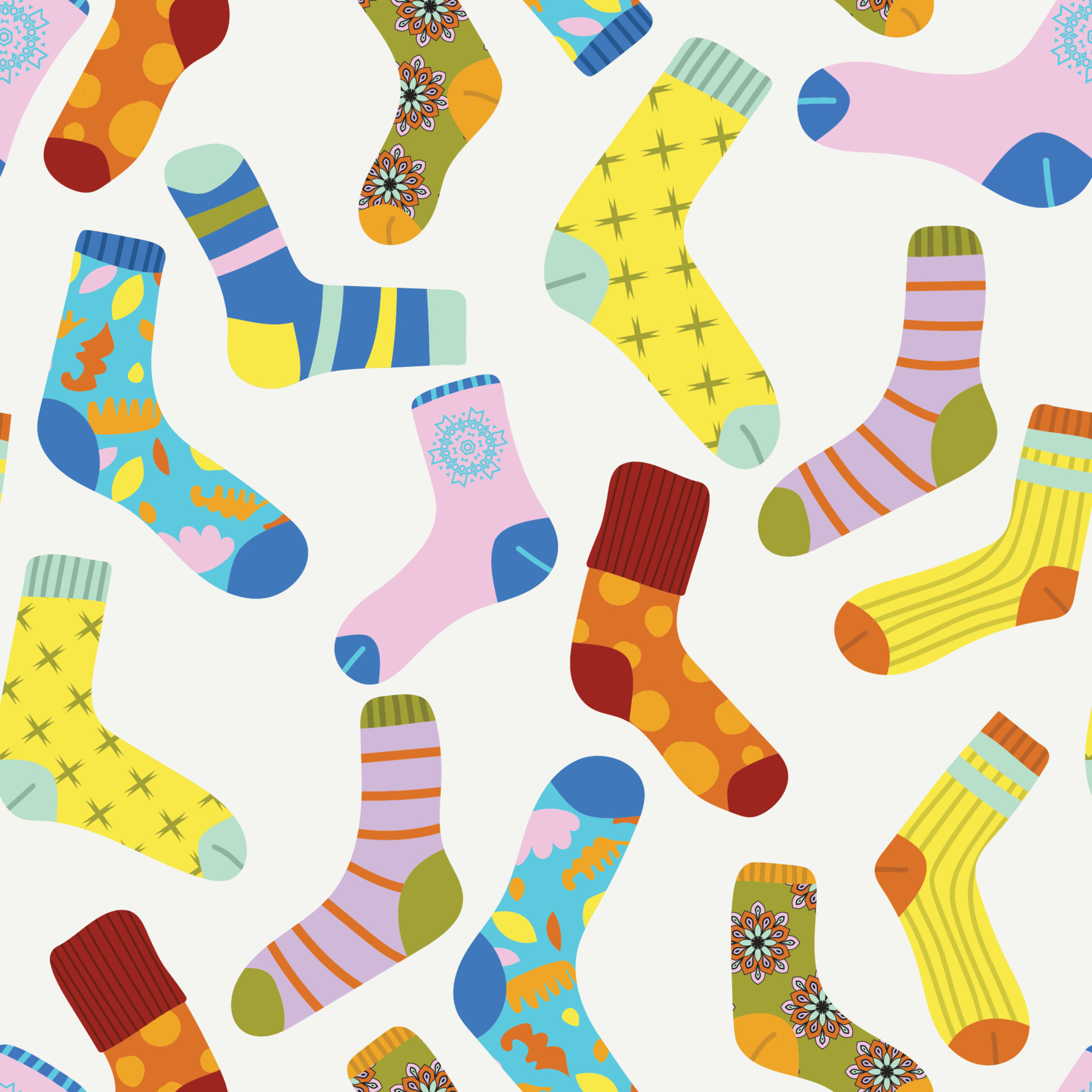 Cute seamless pattern of different socks with textures, ornaments