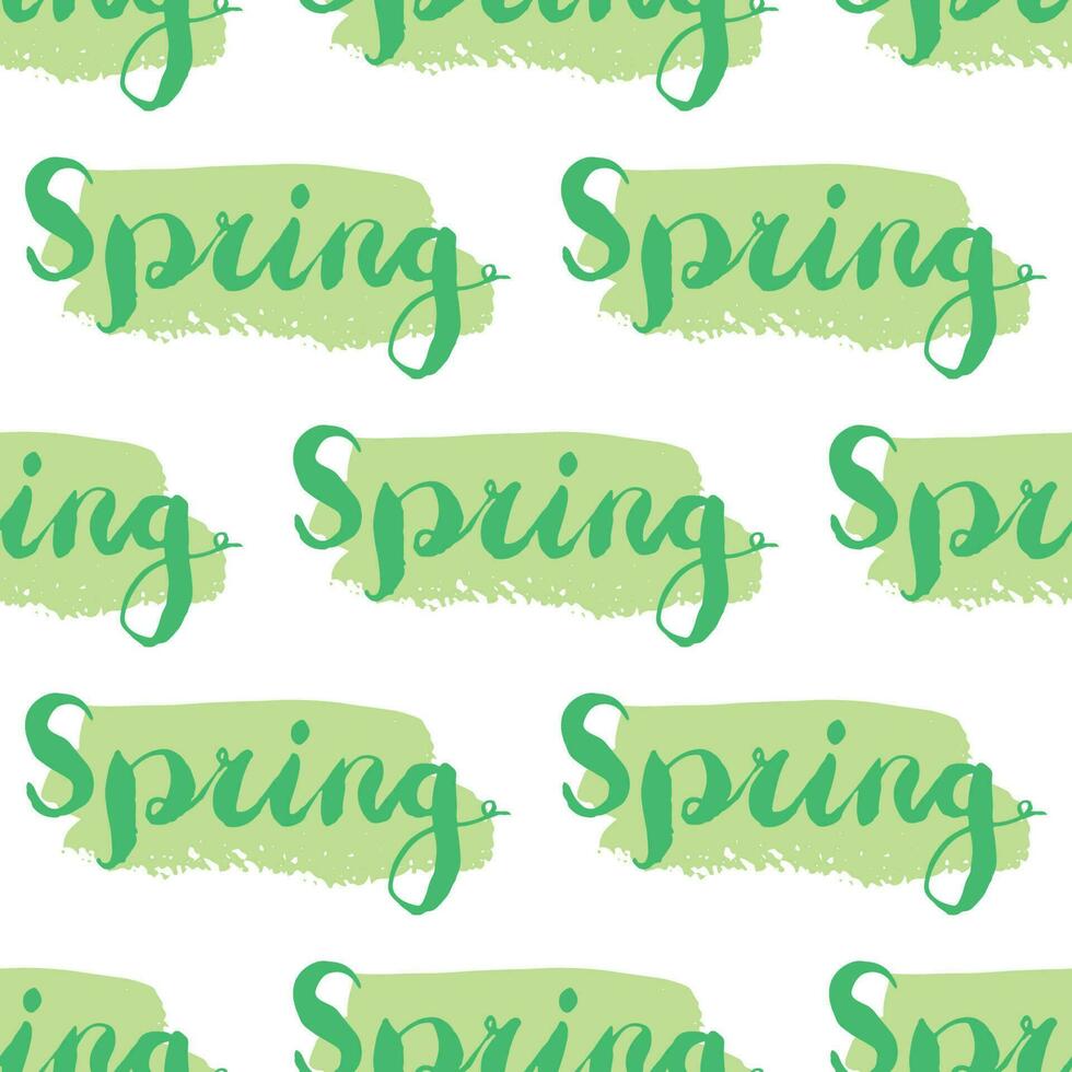 Green on white spring seamless pattern with hand drawn elements, word spring lettering on brush stroke template, grunge texture. Wrapping paper, background. vector