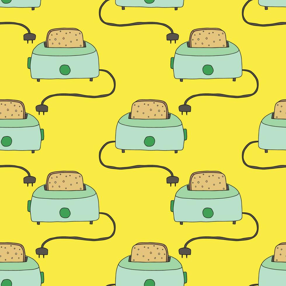 Cute retro doodle toaster with peace of bread instead seamless pattern. Kitchen concept, breakfast background. vector