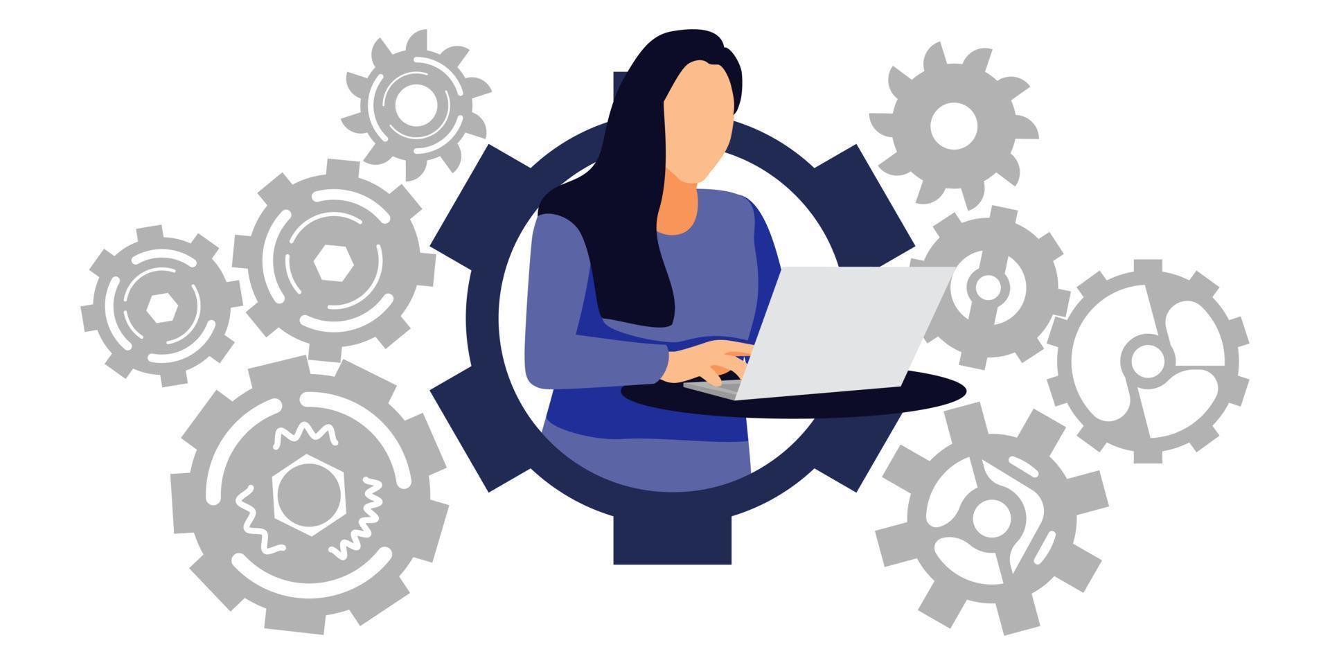 Freelancer woman character working on gear workspace with laptop gear avatar isolated vector