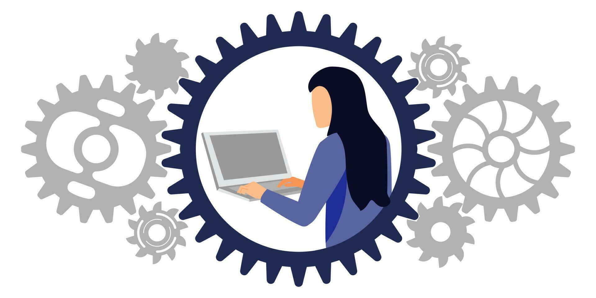 Freelancer woman character working on gear workspace with laptop isolated vector