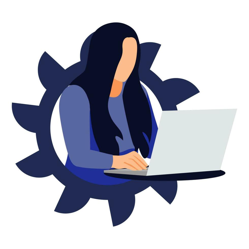 persona de libre dedicación hembra personaje trabajando en engranaje espacio de trabajo con ordenador portátil ordenador personal engranaje avatar con moderno diseño vector