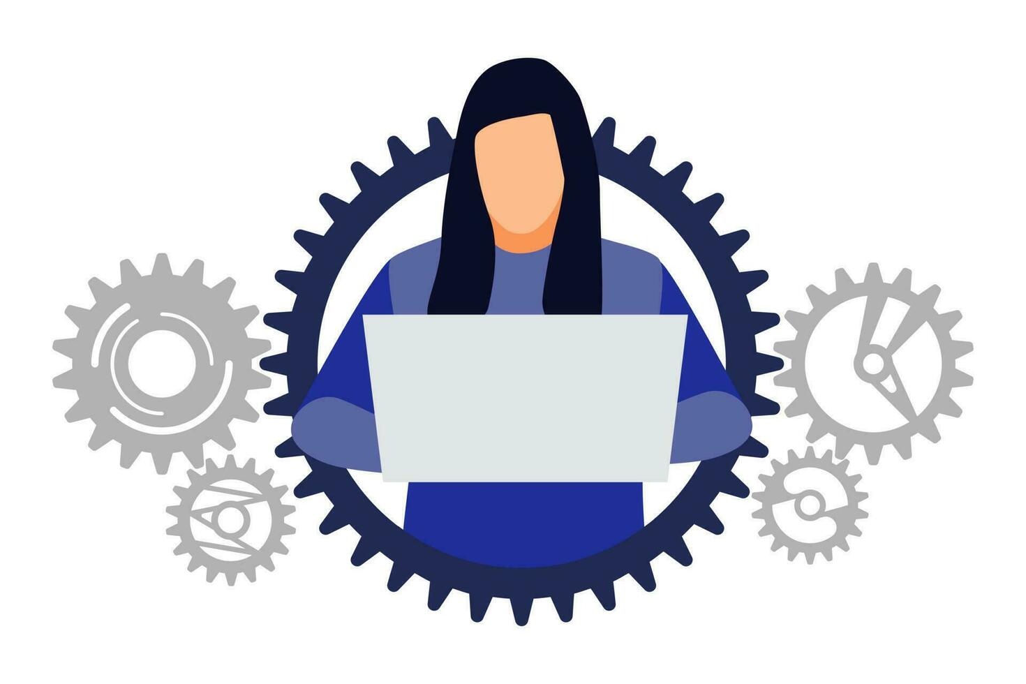 Freelancer female character working on gear workspace with laptop pc gear avatar isolated on white background vector