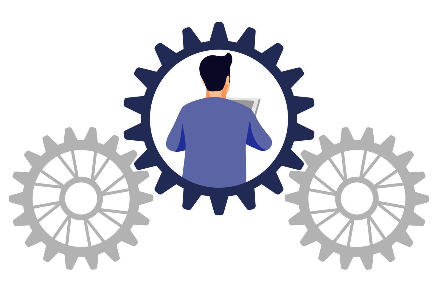 Freelancer character working with laptop in gear avatar isolate on white background with planetary gear vector