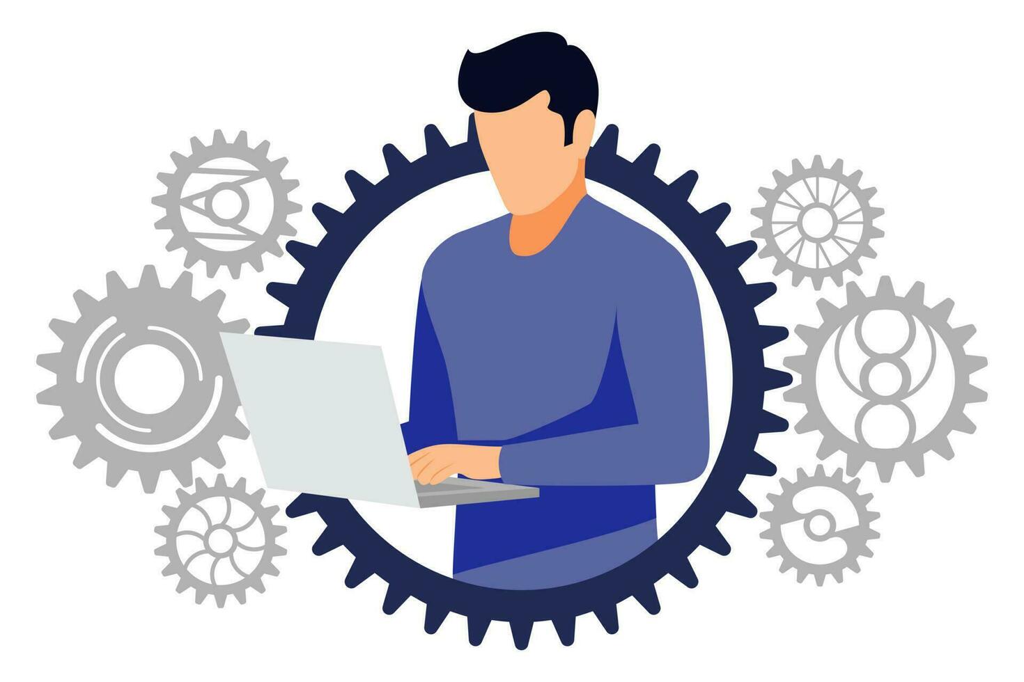 Freelancer male character working with pc laptop in gear avatar with gear system isolated on white background vector