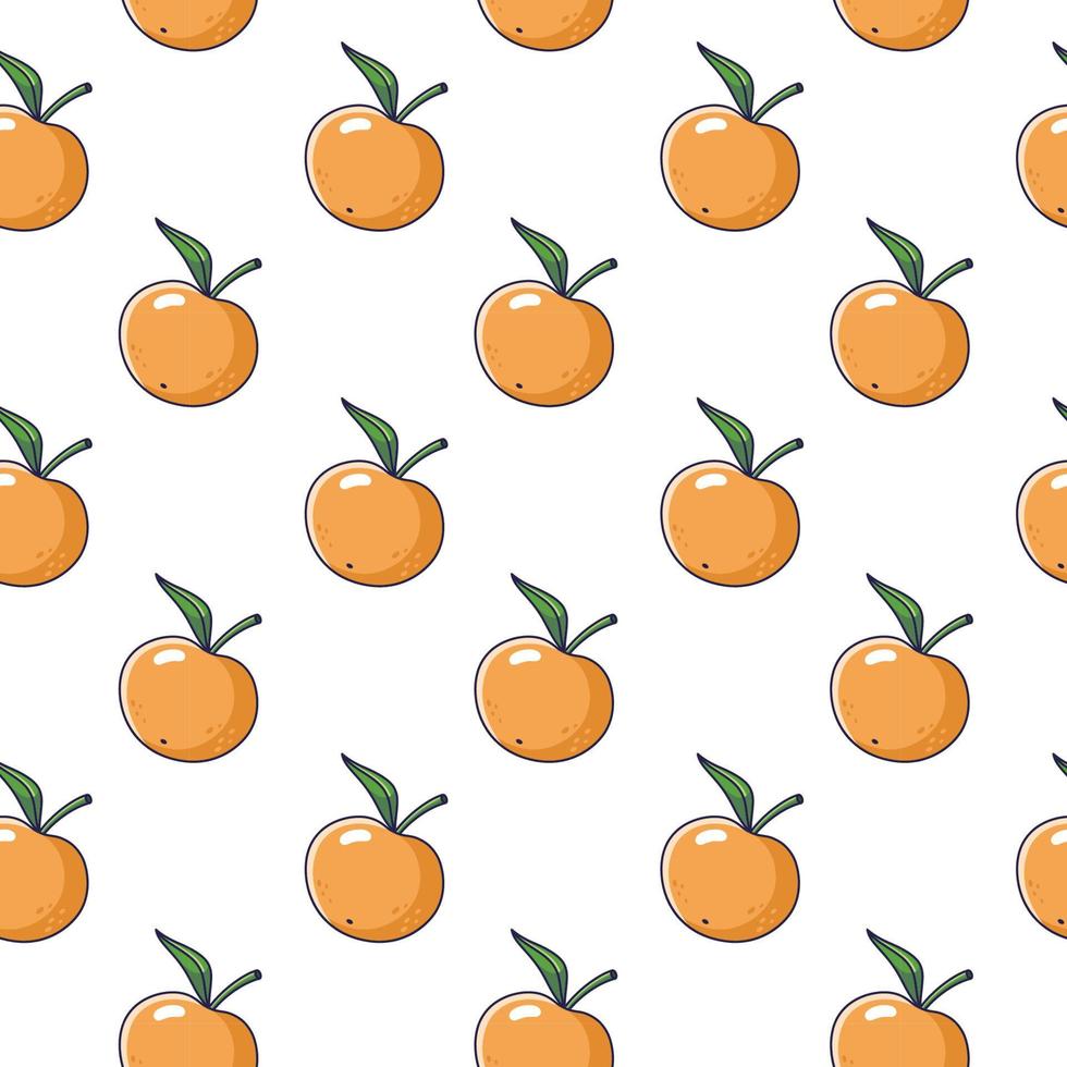 Cute orange Mandarin seamless pattern in doodle style. Vector hand drawn cartoon Mandarin illustration. Hand drawn Sketch of Mandarin. Pattern for kids clothes.
