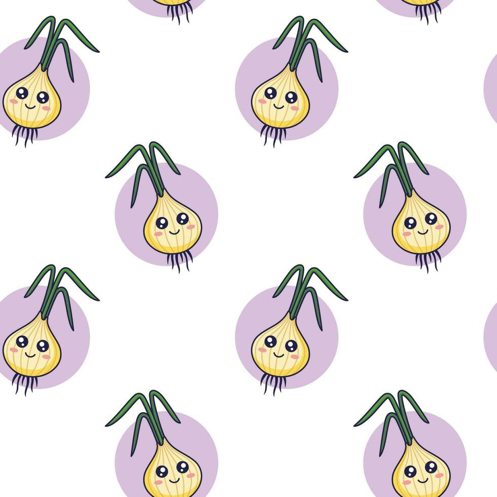 Cute kawaii Onion seamless pattern in doodle style. Vector hand drawn cartoon Onion illustration. Hand drawn Sketch of Onion character. Pattern for kids clothes.