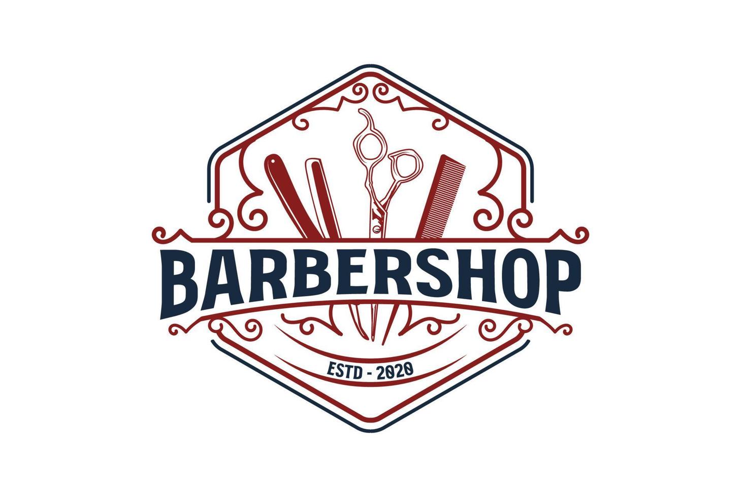 Clásico hexagonal Insignia emblema etiqueta con maquinilla de afeitar cortar con tijeras y peine para barbería Corte de pelo logo vector