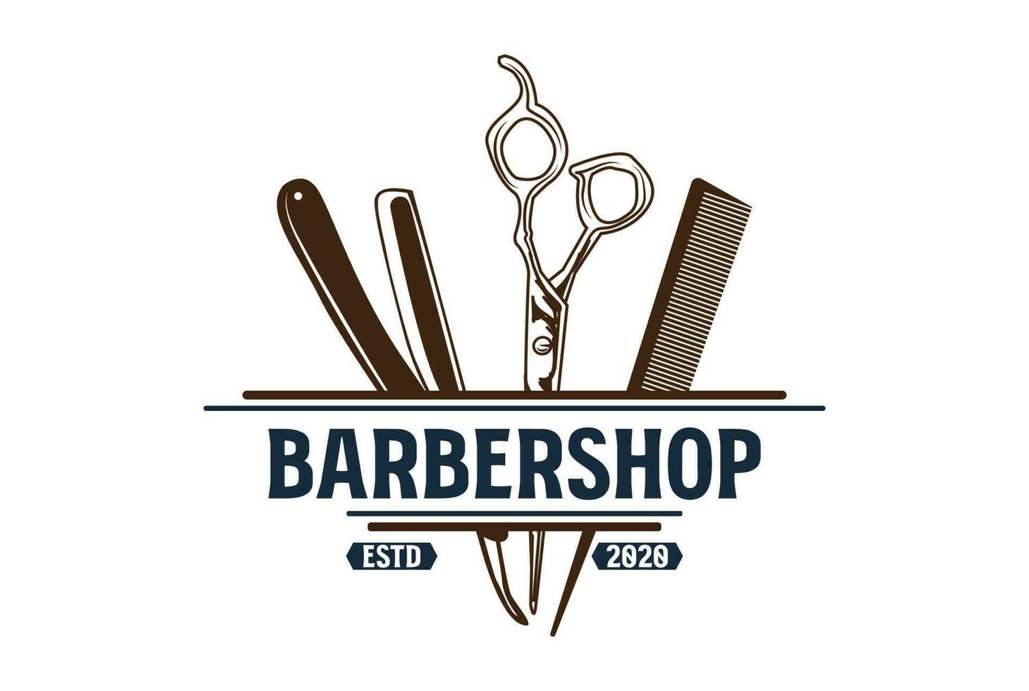 Clásico maquinilla de afeitar tijeras y peine para Caballero barbería pelo cortar logo vector