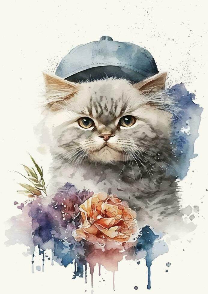 Watercolor cat with flowers of Angora breed vector