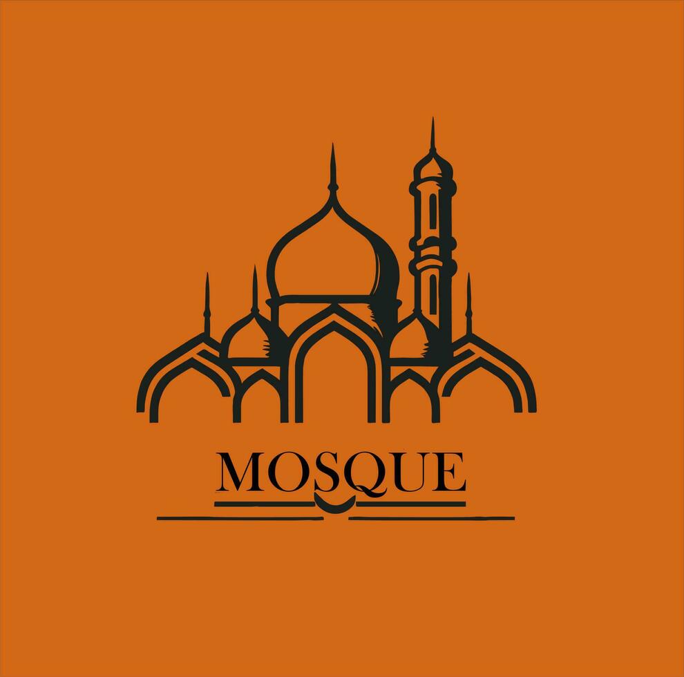 Vector illustration of a mosque and in a minimalist style. Perfect for Ramadan Kareem greeting design elements. Orange color background template, Ramadan theme.