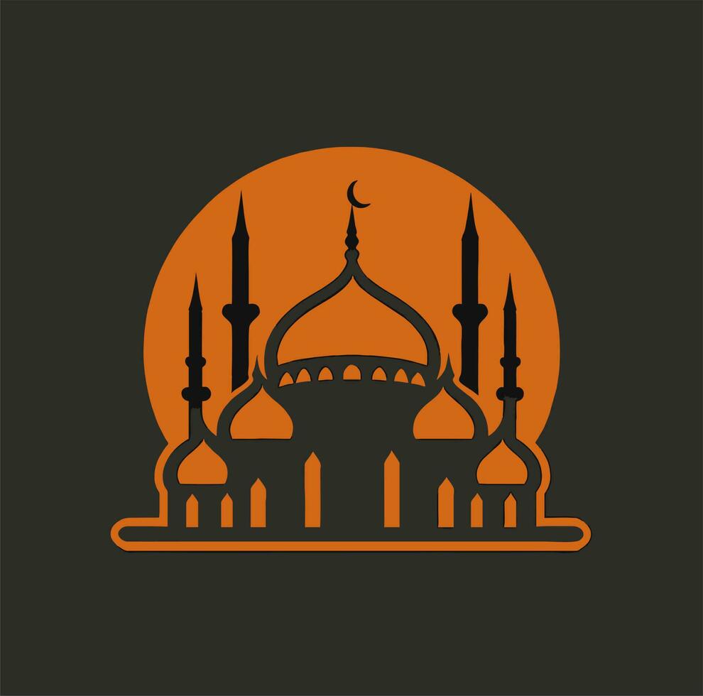 Vector illustration of a mosque and in a minimalist style. Perfect for Ramadan Kareem greeting design elements. Orange color background template, Ramadan theme.