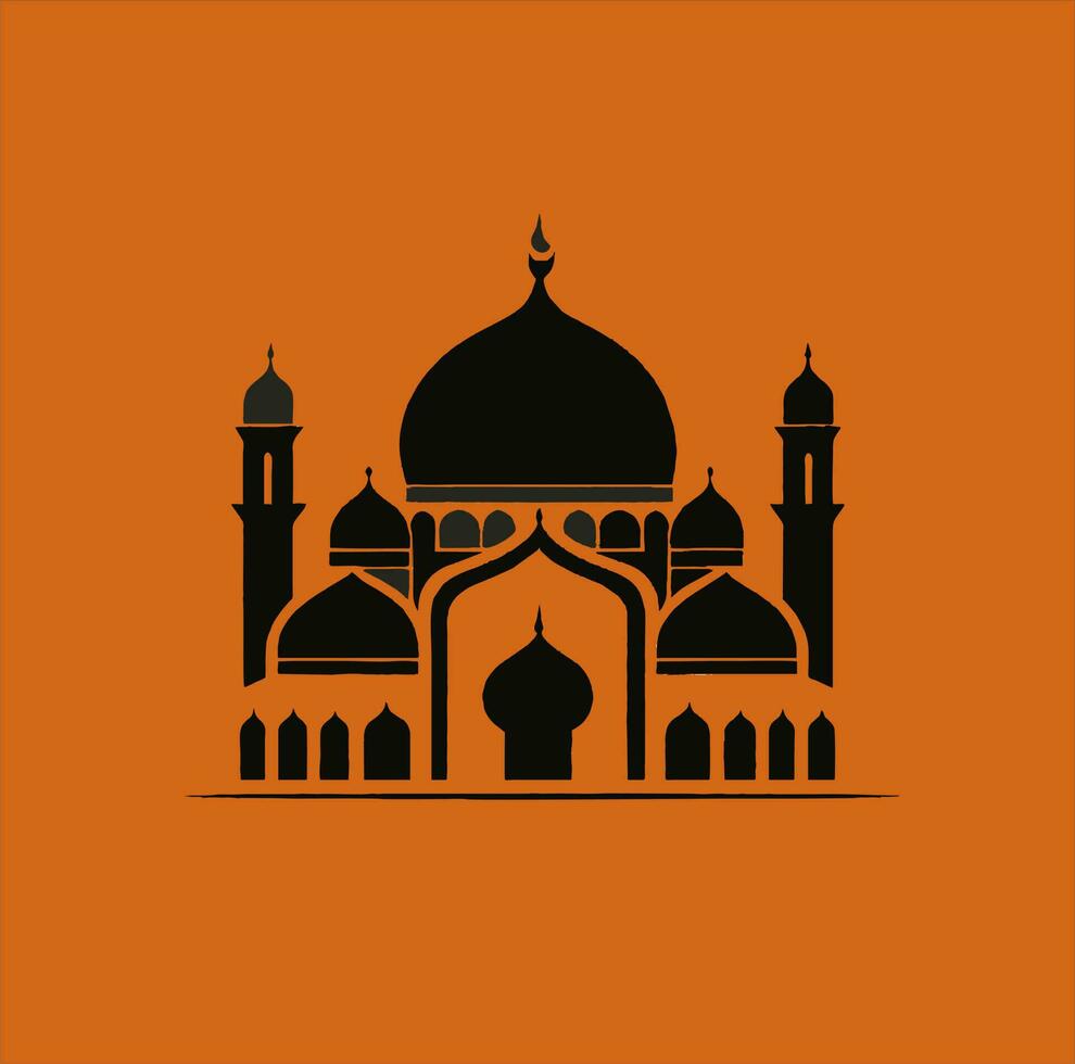Vector illustration of a mosque and in a minimalist style. Perfect for Ramadan Kareem greeting design elements. Orange color background template, Ramadan theme.