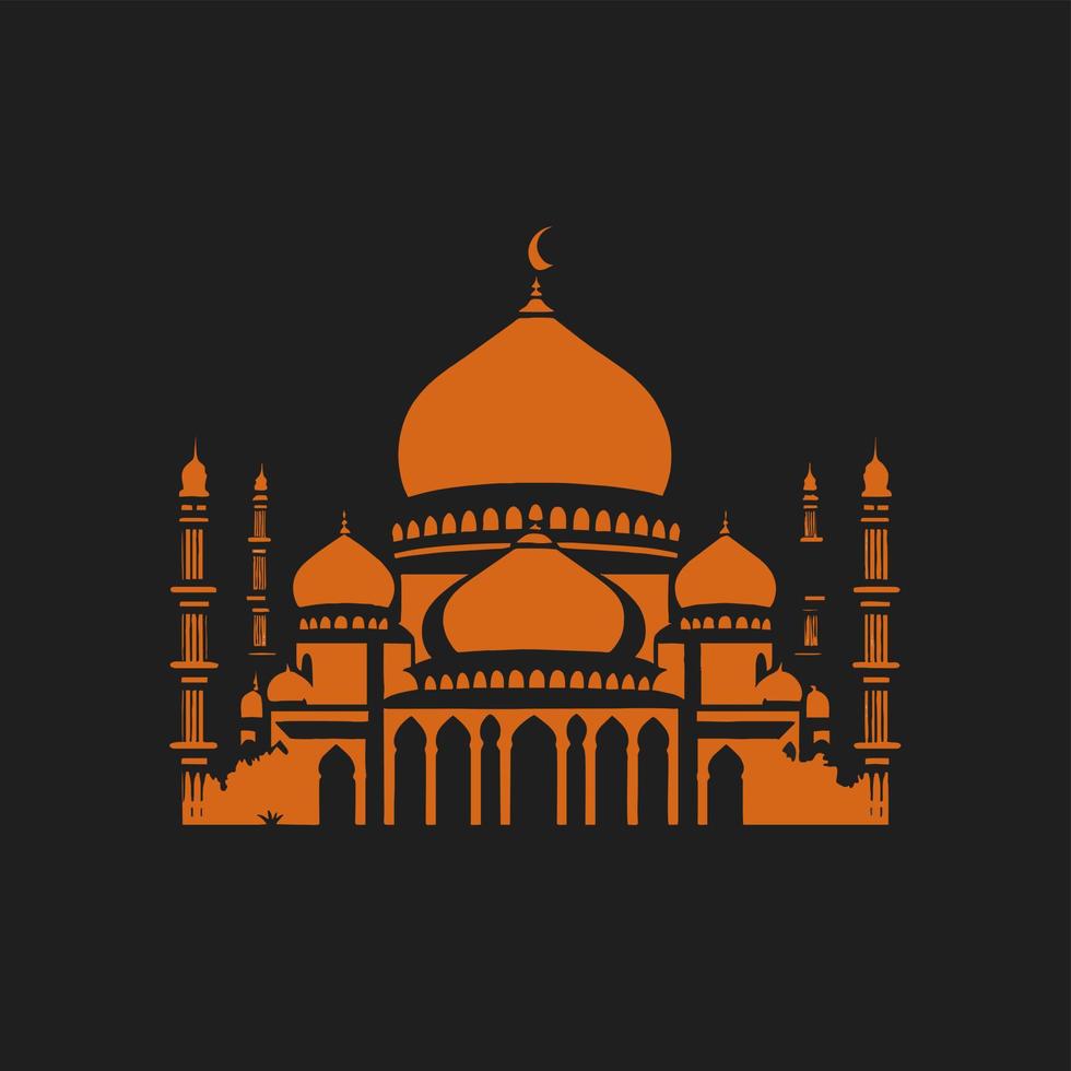 Vector illustration of a mosque and in a minimalist style. Perfect for Ramadan Kareem greeting design elements. Orange color background template, Ramadan theme.