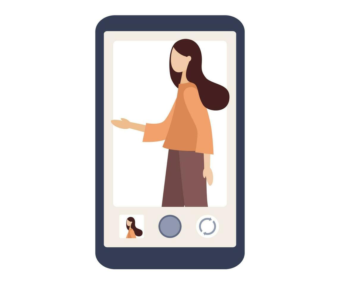 Tiny woman on smartphone screen. Selfie photo, portrait girl, camera mobile phone concept. Vector flat illustration