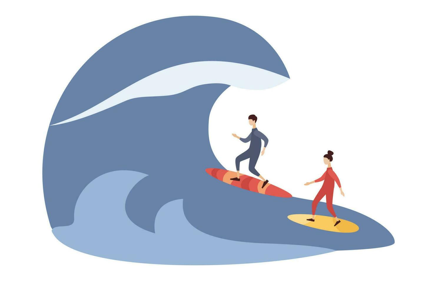 navegar gente. surfistas en pie en tabla de surf en grande ola. surf concepto. vector plano ilustración