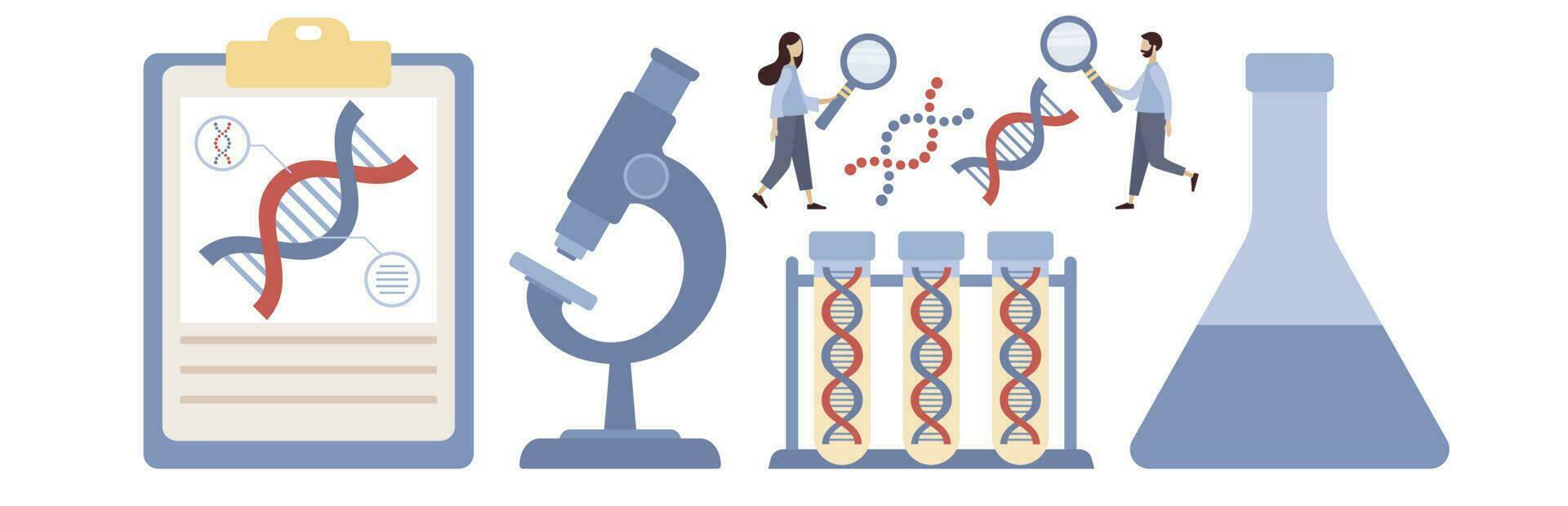 Geneticist set. DNA test tubes, microscope icon. Laboratory research equipment. Medicine and science technology. Biotechnology, genetic testing, gene therapy, biotech company. Vector flat illustration