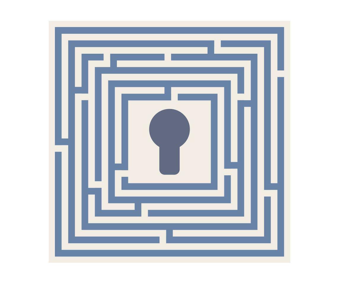 Square maze icon. Simple logic game with labyrinth. Entrances, exit, right path, dead end. Vector flat illustration