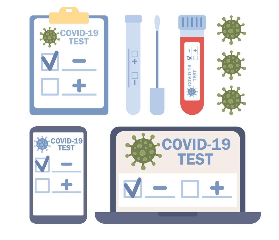 Virus and COVID-19 testing set. Negative covid-19 test result. Self-test kit with laboratory blood test tube. Prevention of coronavirus. Vector flat illustration