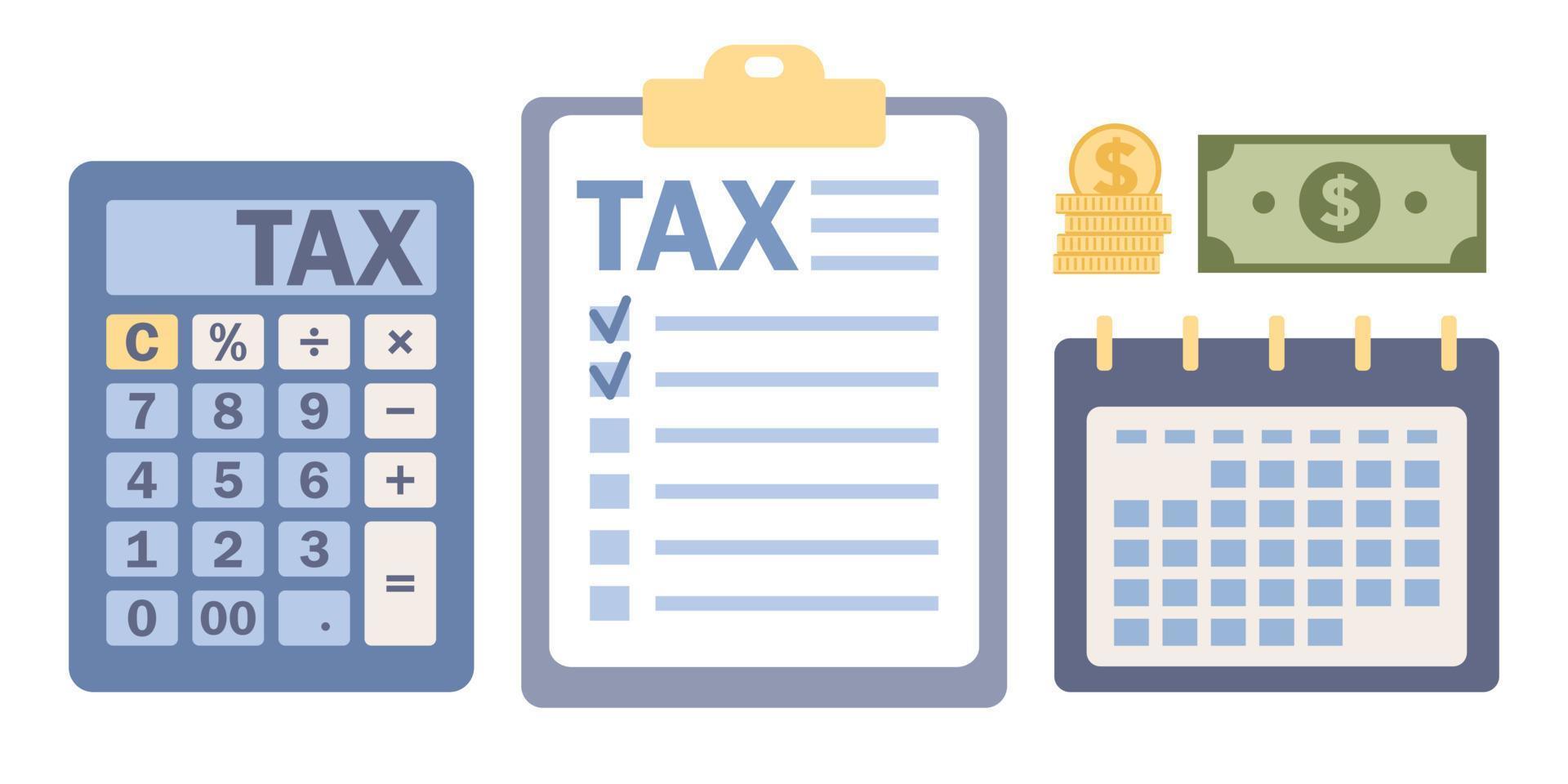 Tax form icons set. Financial document concept. Tax calculation and filling form sign. Calculator and calendar. Calculate tax revenue rate. Vector flat illustration