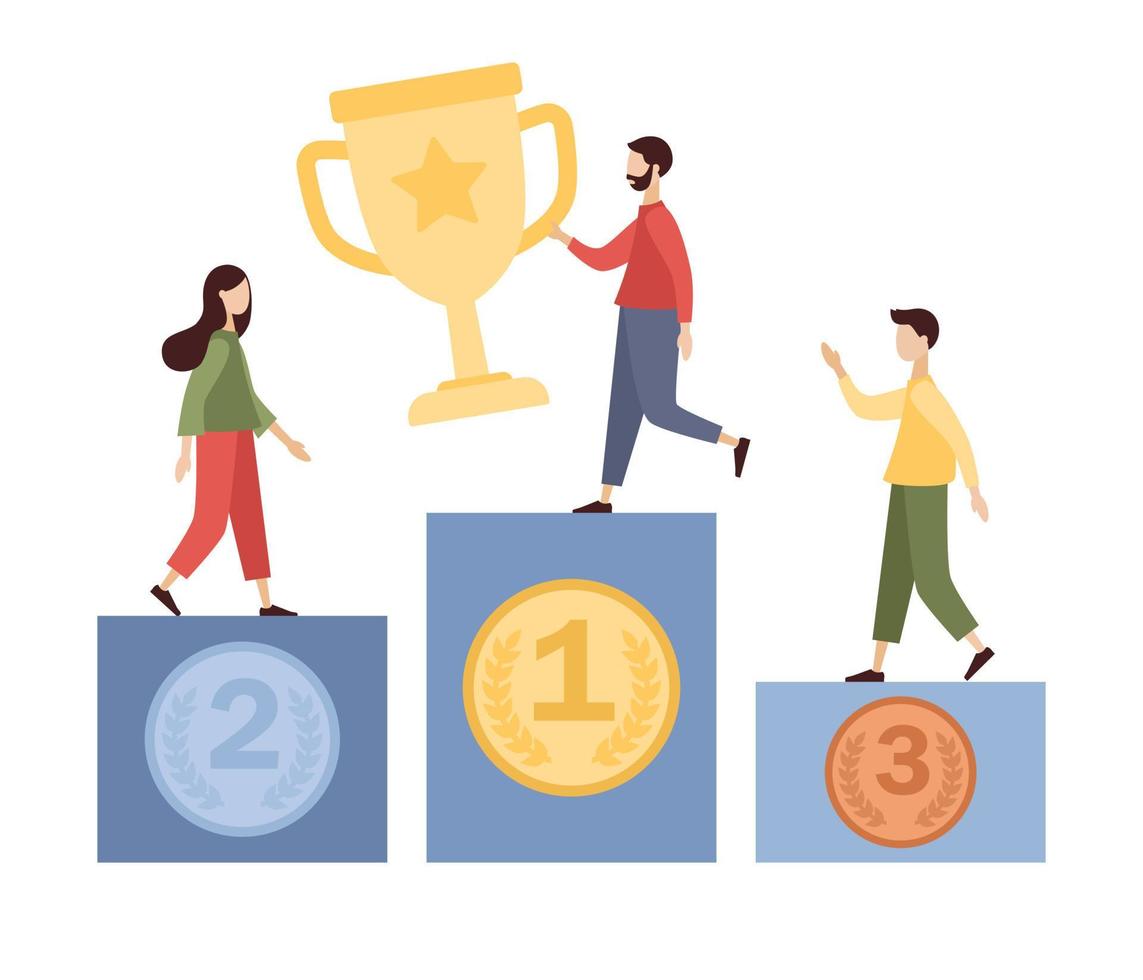 People winners. Businessman and businesswoman character standing in podium holding up trophy. Success, recognition, win concept. Vector flat illustration