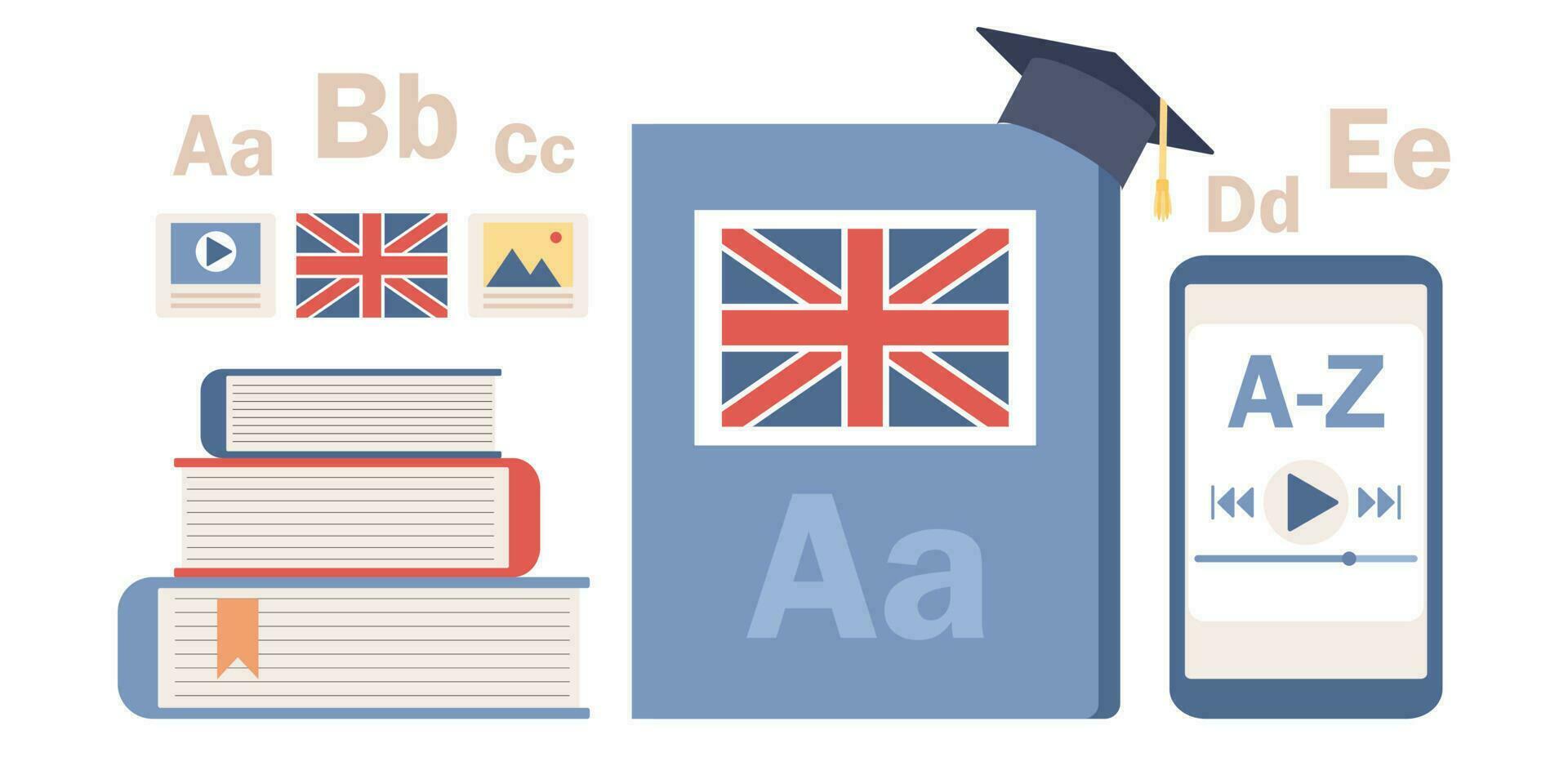 Learn foreign language icon set. English book icon. Textbook with flag of England. Online education concept. Vector flat illustration