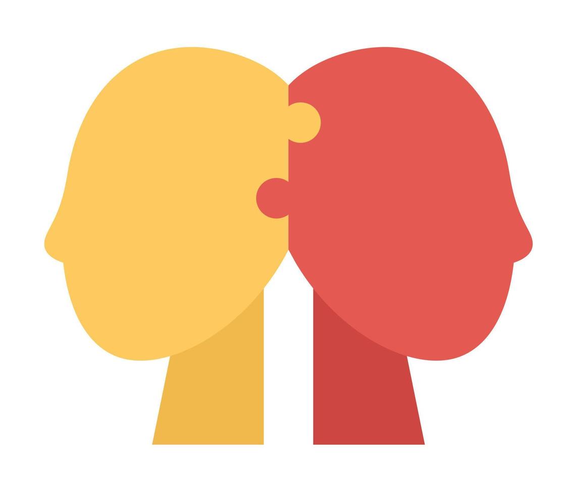 Two puzzle pieces in form of human head solid icon. Mental health. Education, knowledge, psychology, logic symbols. Vector flat illustration