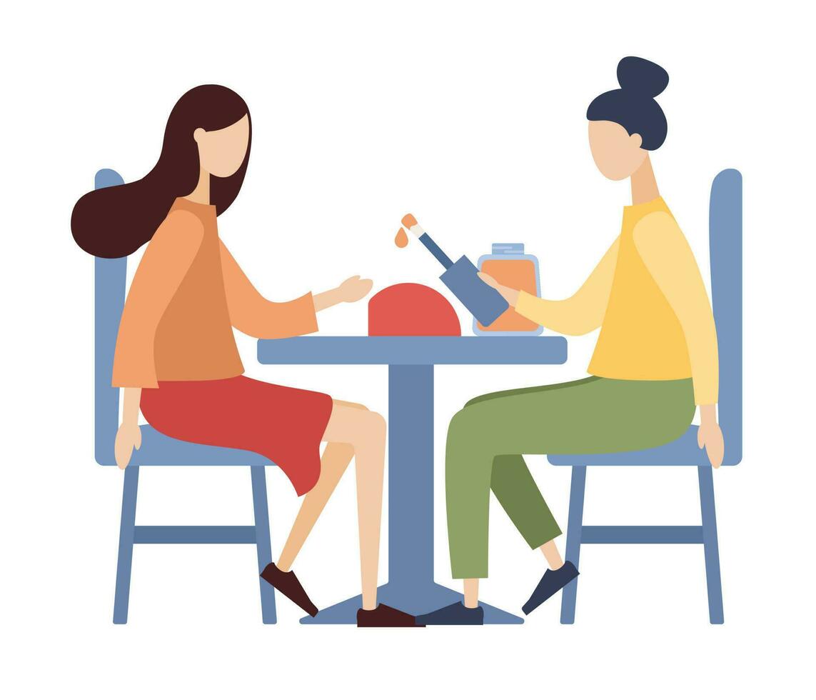 Manicure concept. Woman visiting beauty salon. Master manicure with nail polish. Vector flat illustration