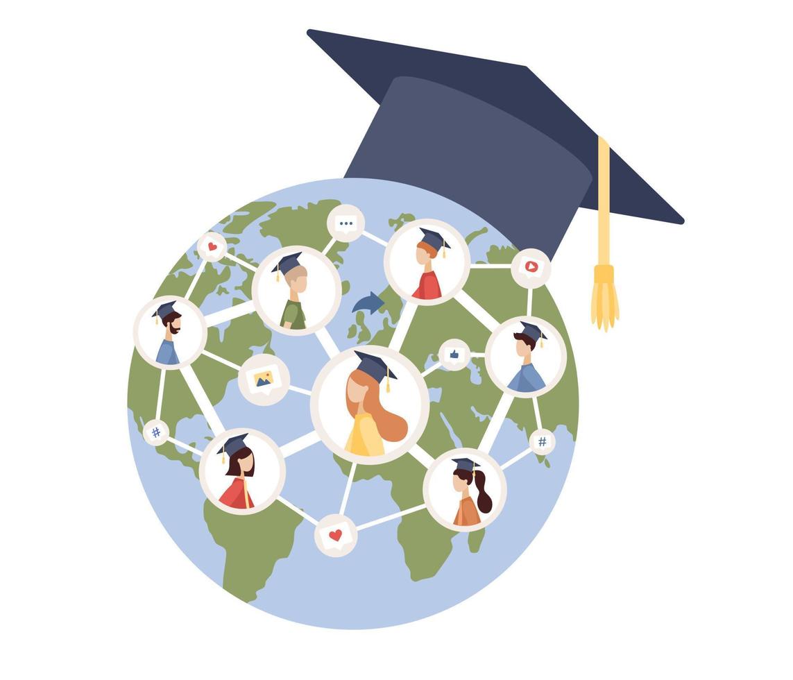 Online graduation. Graduates all over World receive diplomas. Online education at social distancing. Planet Earth with graduation cap. Vector flat illustration