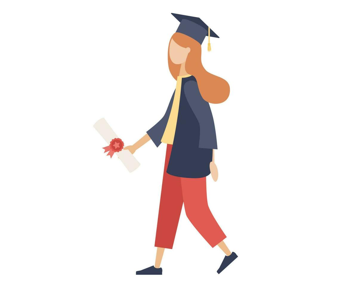 Graduate girl in mantle and graduation cap with diploma. Graduated student. Vector flat illustration