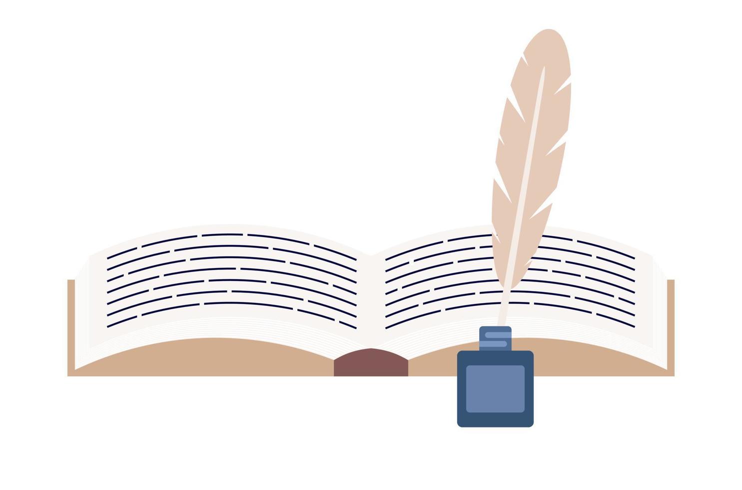 Manuscript, feathe pen and ink icon. Medieval poet and writer instrument. Vector flat illustration