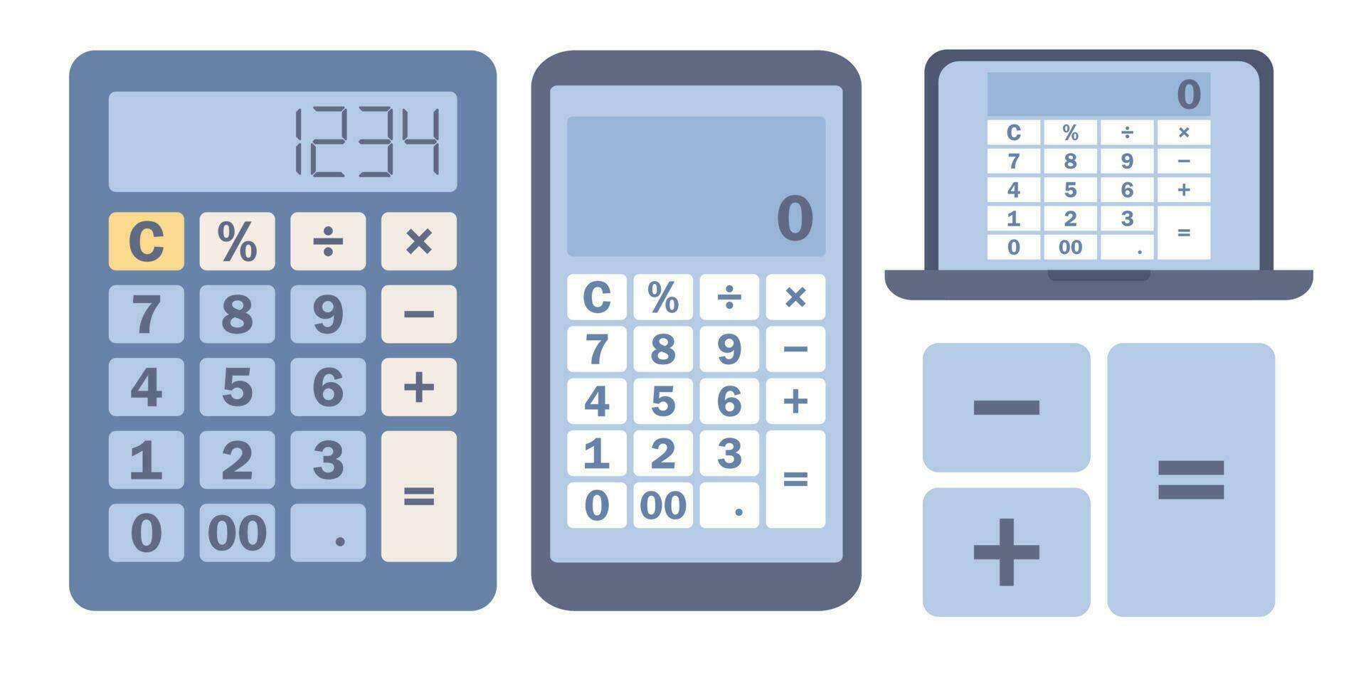 Calculator icon set. Basic calculator with set of digits in smartphone app and laptop. Vector flat illustration