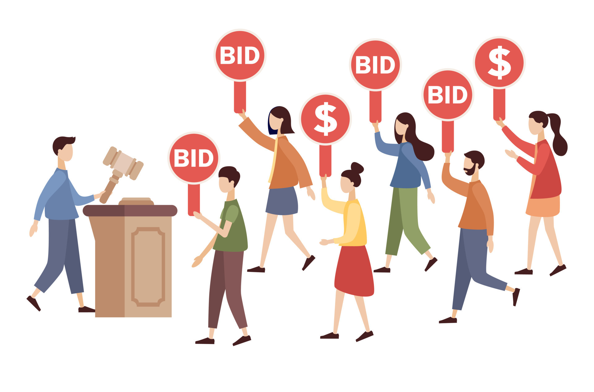 Auction concept. Tiny people bidder, buyer and auctioneer bidding in